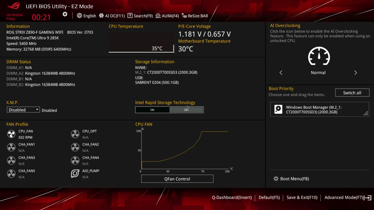 ROG Strix Z890-F Gaming WiFi BIOS, EZ Mode page.