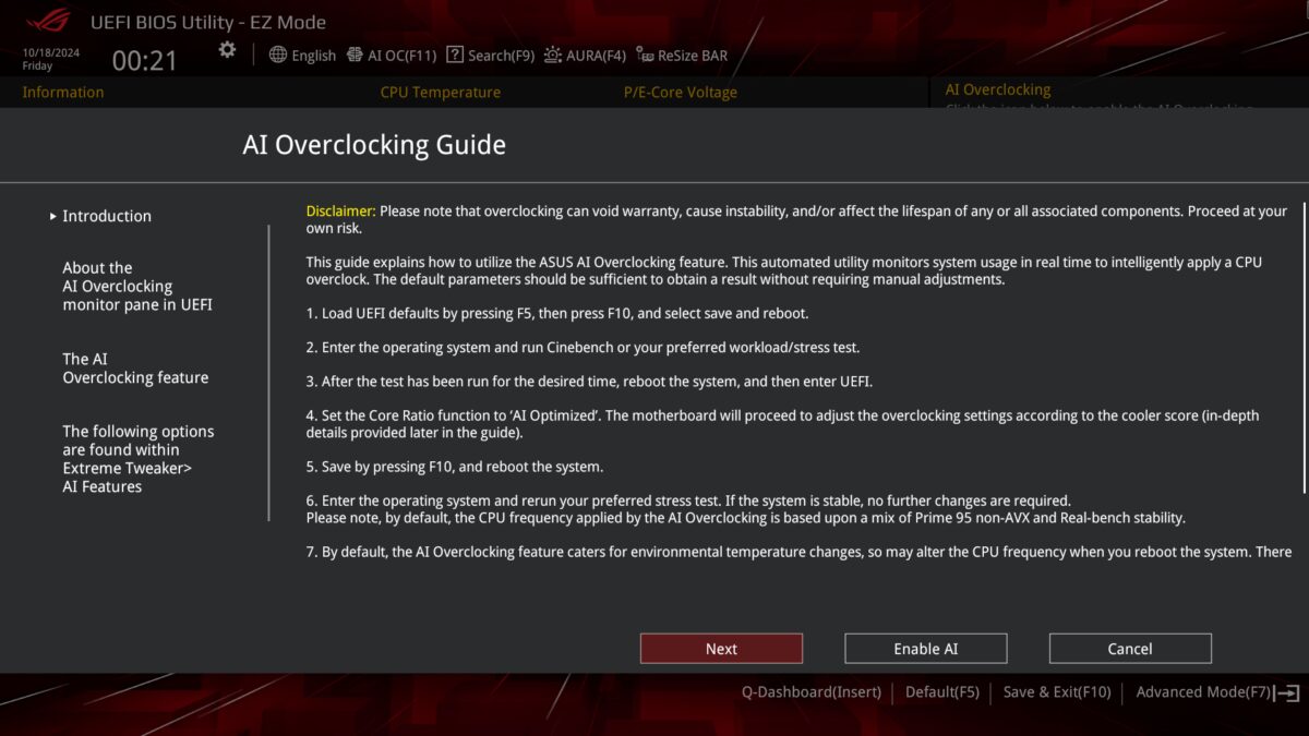 ROG Strix Z890-F Gaming WiFi BIOS covered by an 'AI Overclocking Guide' popup.