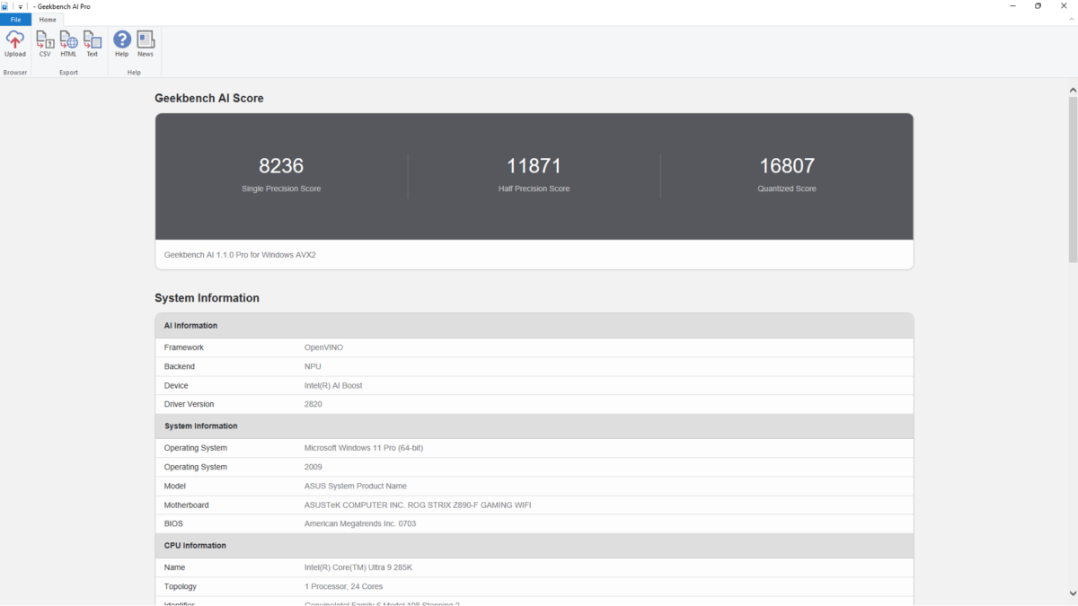 Geekbench AI overclocking results on ROG Strix Z890-F Gaming WiFi.