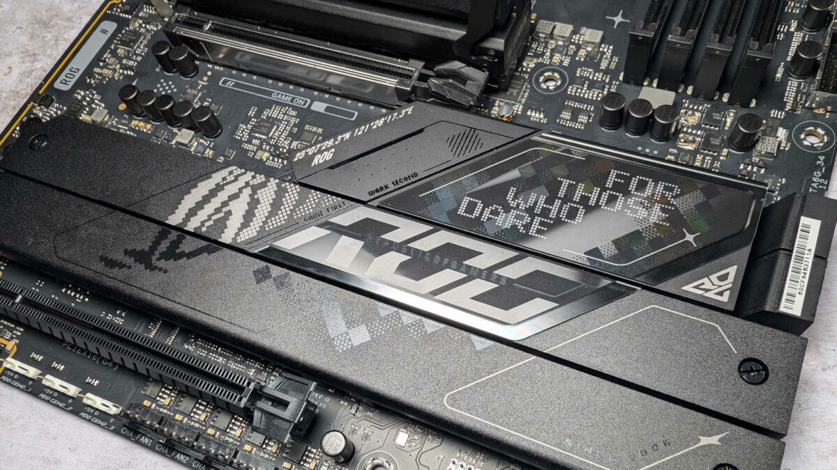 Close up of M.2 heatsinks on bottom of ROG Strix Z890-F Gaming WiFi motherboard.