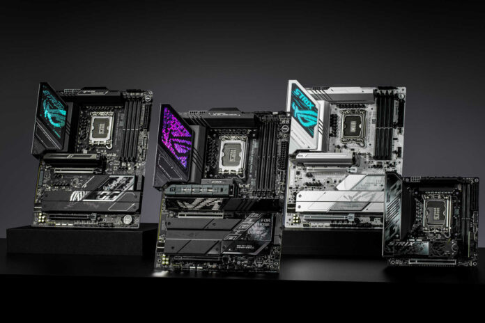 Asus Z890 motherboards, standing vertically, placed in a horizontal row.