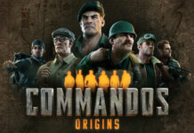 Commandos Origins key art, featuring the game's title and six playable characters.