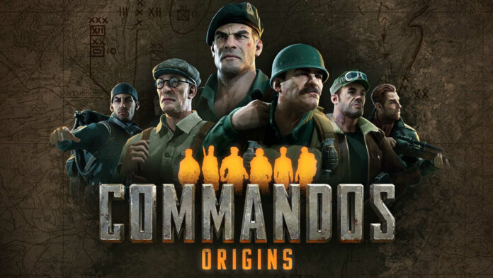 Commandos Origins key art, featuring the game's title and six playable characters.