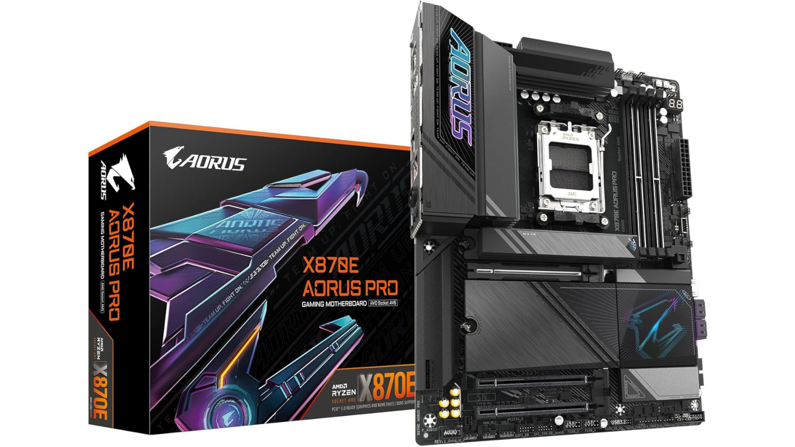 X870E Aorus Pro motherboard (right) and its retail box (left) against white background.