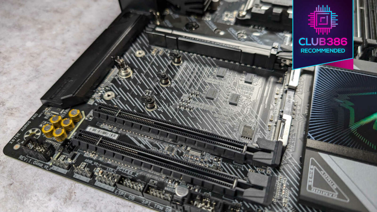 X870E Aorus Pro exposed M.2 expansion slots, with Club386 'Recommended' award (top right).