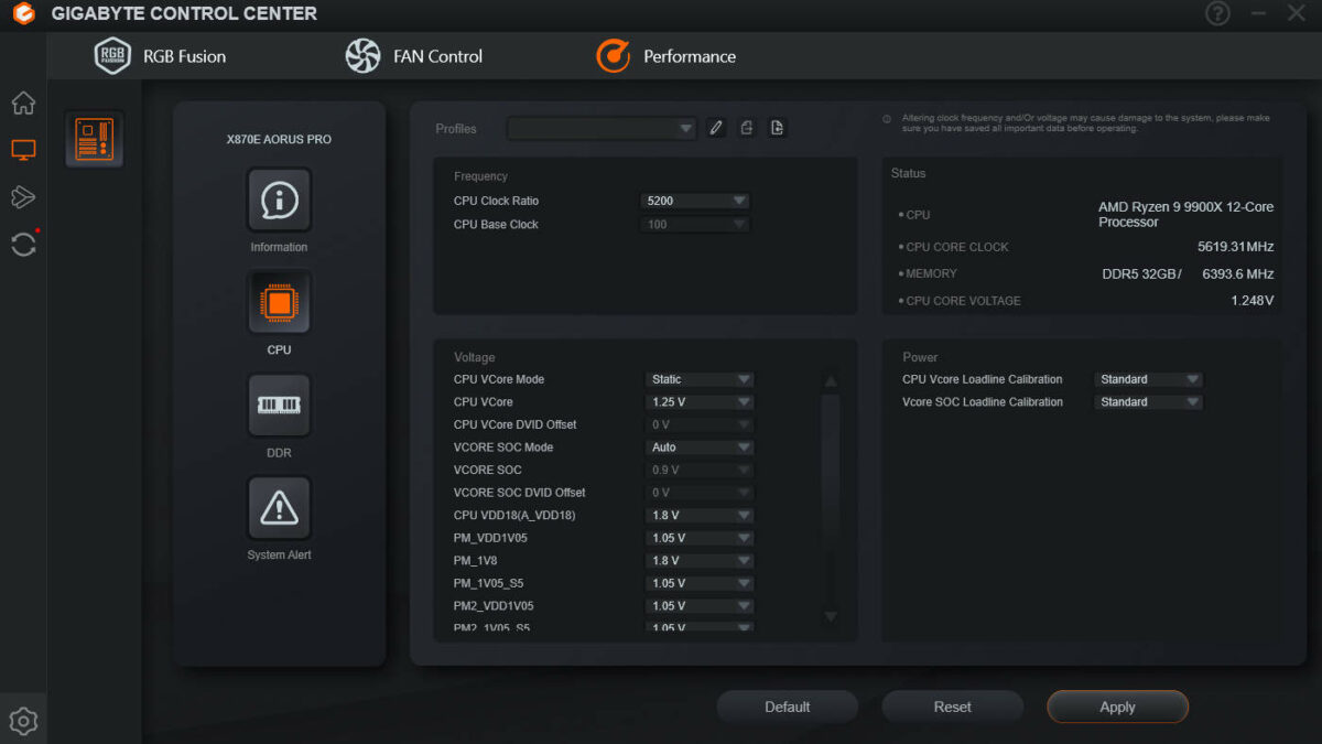 Gigabyte Control Center 'Performance' tab, detailing CPU overclocking controls.