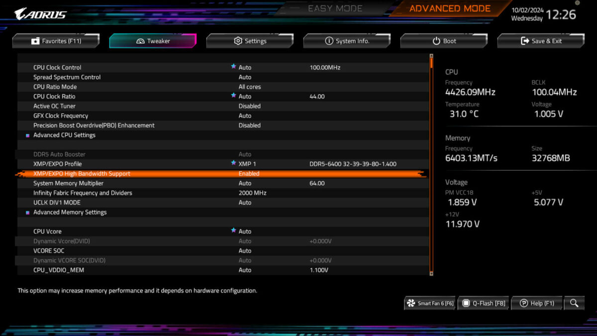 Advanced Mode X870E Aorus Pro BIOS page, with 'XMP/EXPO High Bandwidth Support' highlighted.