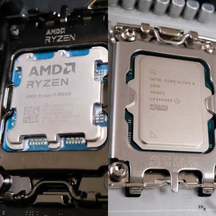 AMD Ryzen 9 9950X on the left, Intel Core Ultra 9 285K on the right.