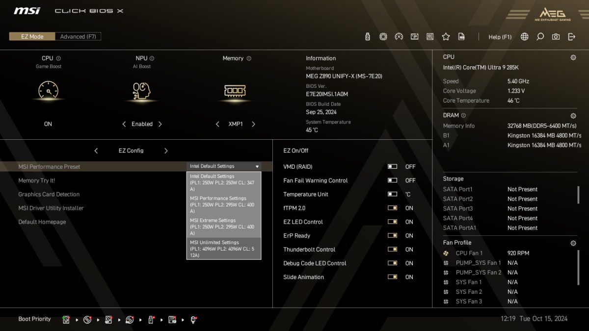 MEG Click BIOS X EZ Mode view, with 'MSI Performance Preset' dropdown menu containing various power options, as captured on MEG Z890 Unify-X.