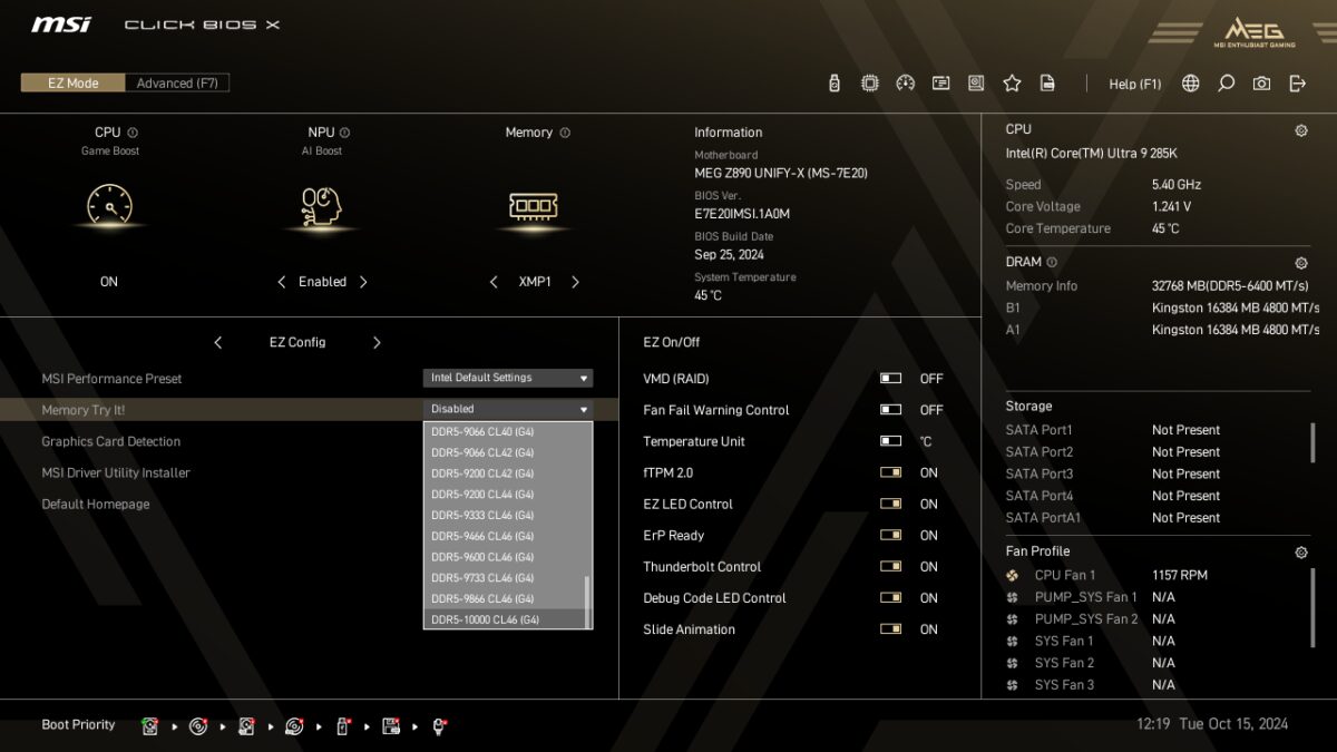 MEG Click BIOS X EZ Mode view, with 'Memory Try It!' dropdown menu containing various memory speed and timing options, as captured on MEG Z890 Unify-X.