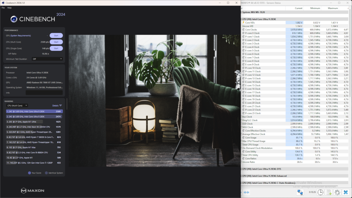 Cinebench 2024 (left) and HWInfo (right), showcasing overclock on Core Ultra 9 285K, on MEG Z890 Unify-X.