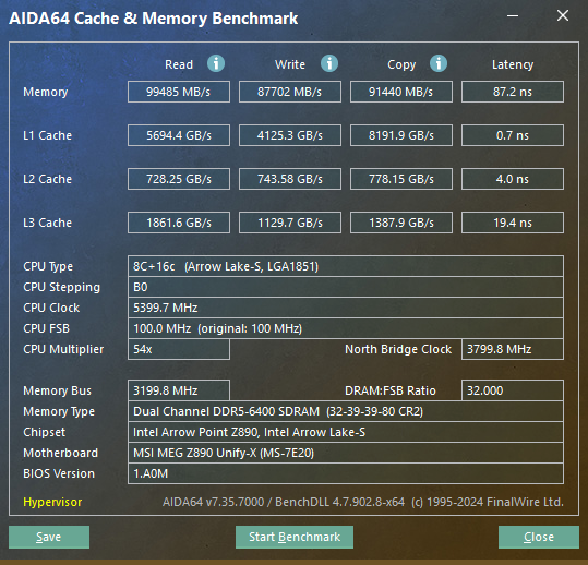 AIDA64 benchmark results, using XMP1 profile, on MEG Z890 Unify-X.