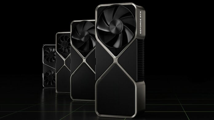 Four Nvidia GeForce RTX Founders Edition graphics cards standing vertically next to one another, against a black background.