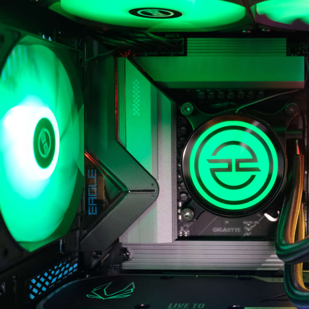 PCSpecialist Nebula Supreme R with green lighting.