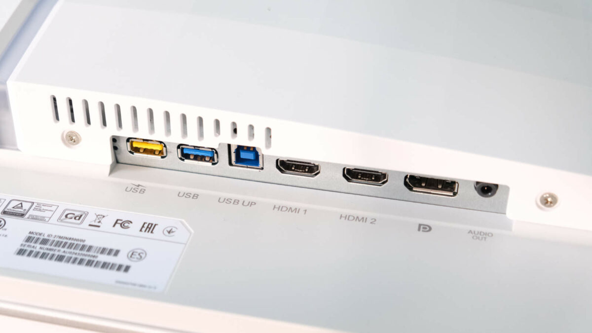 Philips Evnia 27M2N8500 ports include two Type-A USBs, a Type-B upstream, two HDMI 2.1 ports, a single DisplayPort 1.4, and a 3.5mm headphone jack.