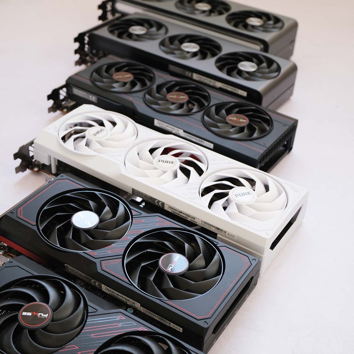 Sapphire Radeon RX 7000 Series graphics cards lined up.