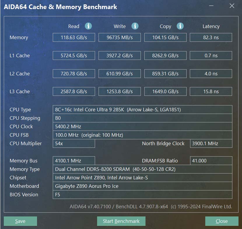 A picture of CUDIMMs running at 8200MT/ in AIDA.