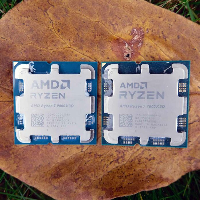 A picture of the AMD Ryzen 7 9800X3D and Ryzen 7 7800X3D on a leaf background.