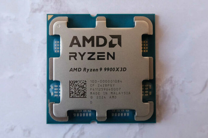 AMD Ryzen 9 9900X3D processor mock-up, resting against a porcelain background.