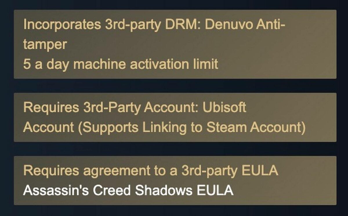 Assassin's Creed Shadows DRM on Steam.