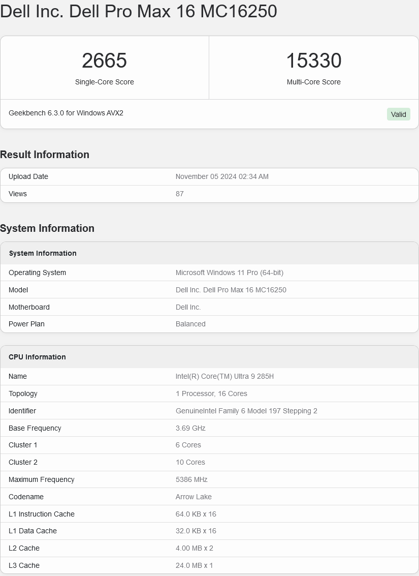 Intel Core Ultra 9 285H on Geekbench.
