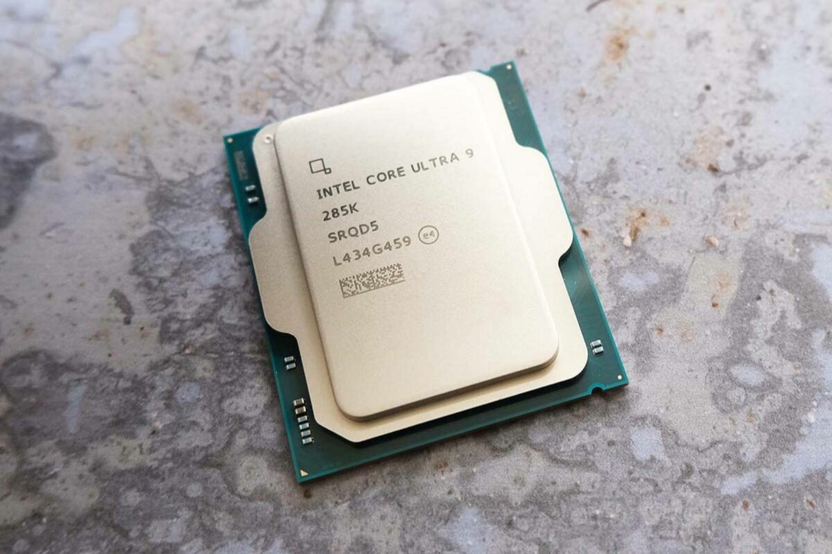 Intel Core Ultra 9 285K processor resting against a porcelain background.