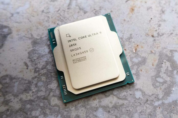 Intel Core Ultra 9 285K processor resting against a porcelain background.