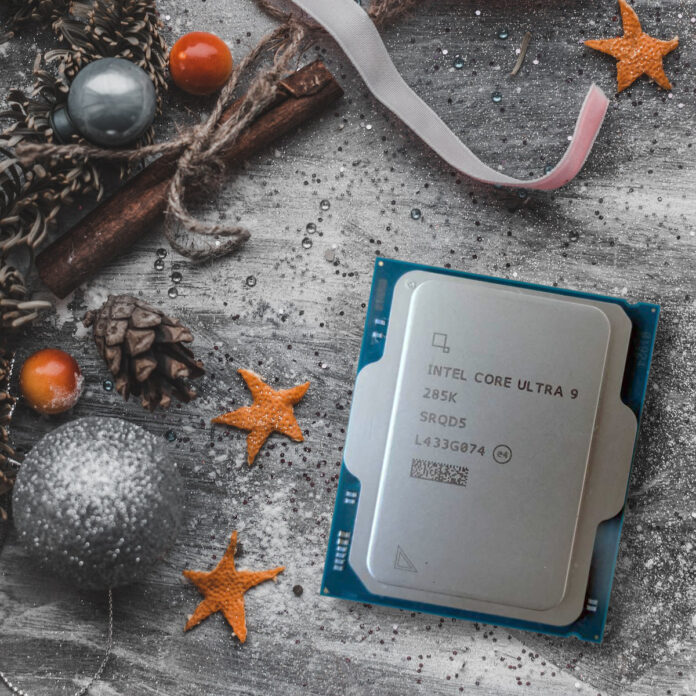 Intel Core Ultra 9 285K against Christmas decorations.