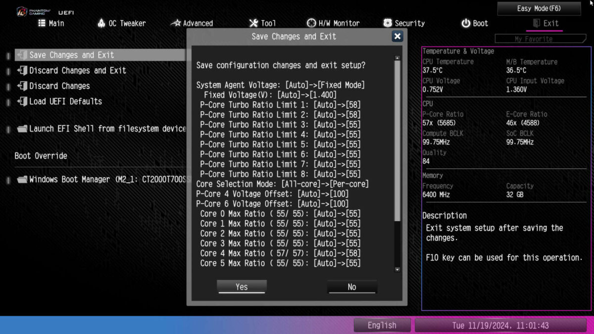 Screenshot of ASRock PG Z890 Lightning WiFi BIOS, detailing changes made by toggling 'Gaming OC Preset' to 'Stage 2'.