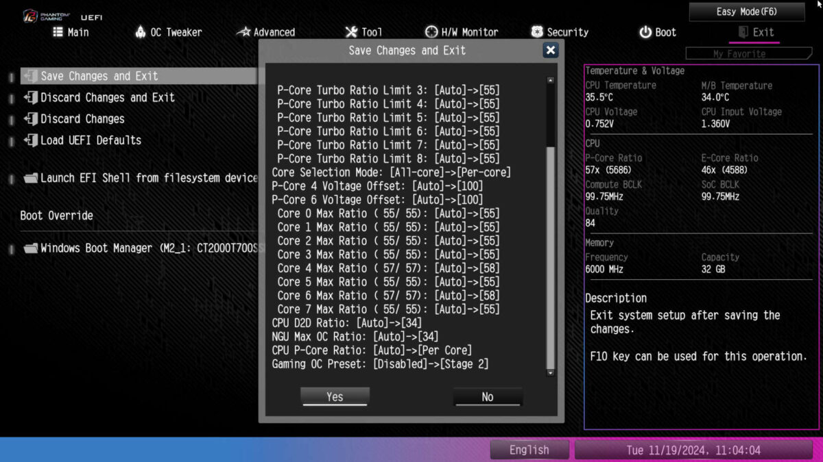 Screenshot of ASRock PG Z890 Lightning WiFi BIOS, detailing changes made by toggling 'Gaming OC Preset' to 'Stage 2'.