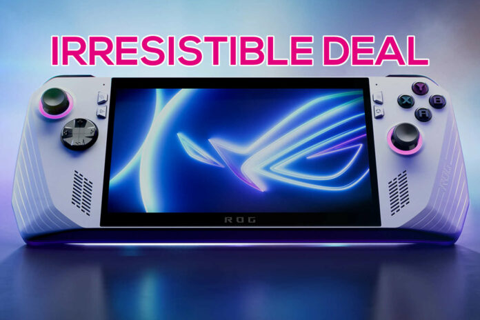 ROG Ally device (centre) with text 'irresistible deal' floating above it.