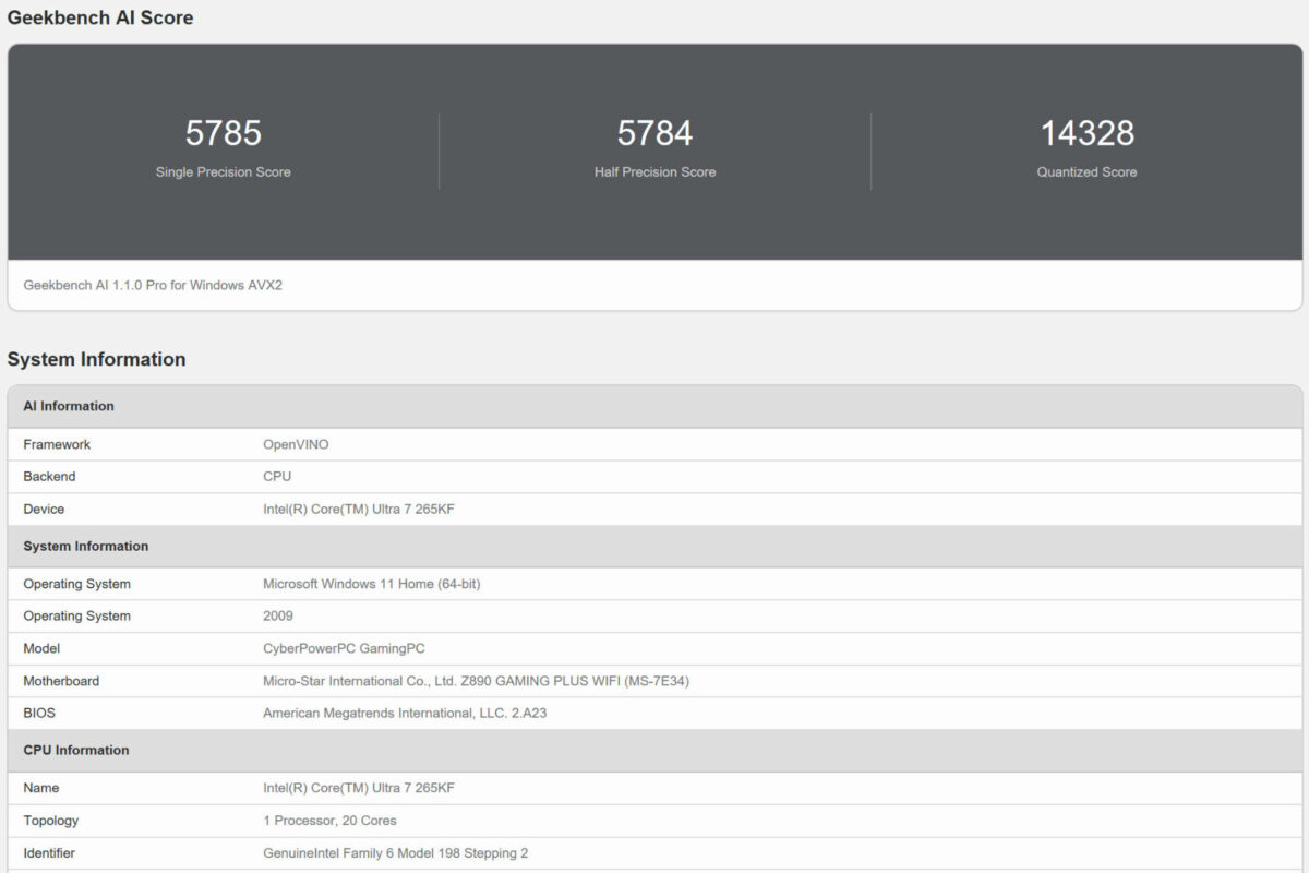 Cyberpower Geekbench AI CPU OpenVINO results.