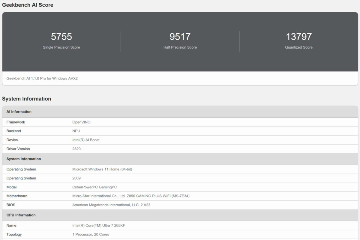 Cyberpower Geekbench AI NPU OpenVINO results.