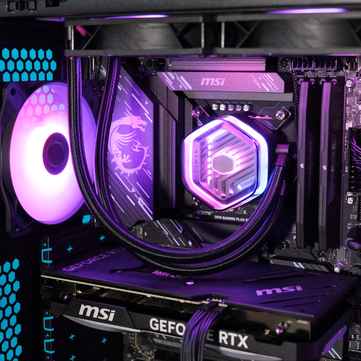 CyberpowerPC UK Infinity Z890 Pro AIO purple RGB lighting.