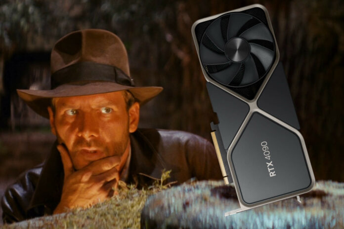 Indiana Jones (left) eyes up an Nvidia GeForce RTX 4090 Founders Edition graphics card (right).