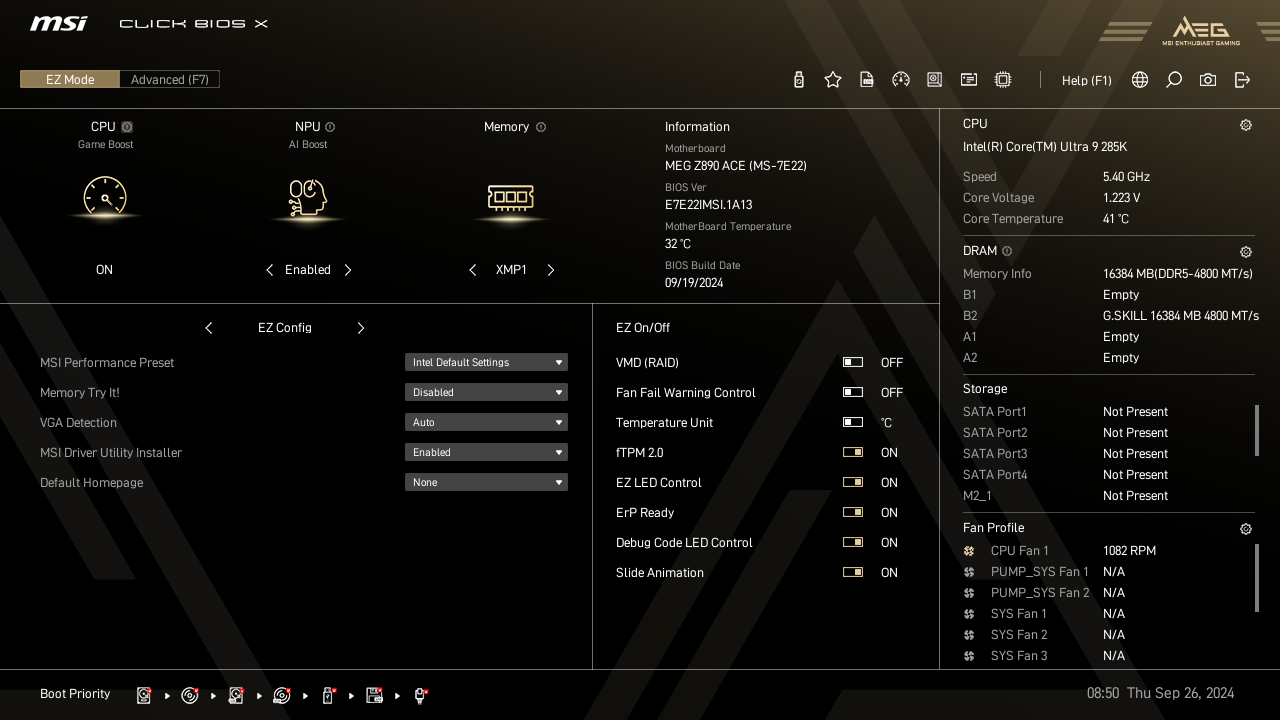 Screenshot of MSI Click X in 'EZ Mode' with boost options enabled.