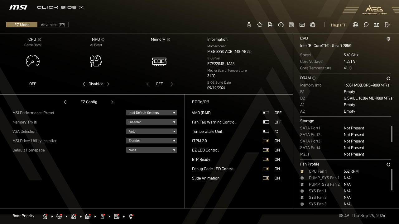 Screenshot of MSI Click X in 'EZ Mode'.