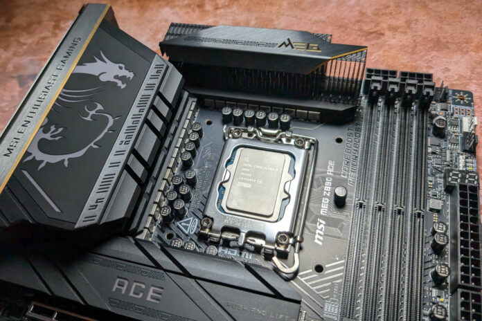 Close up of MSI MEG Z890 Ace motherboard, with an Intel Core Ultra 9 285K processor resting in its socket.