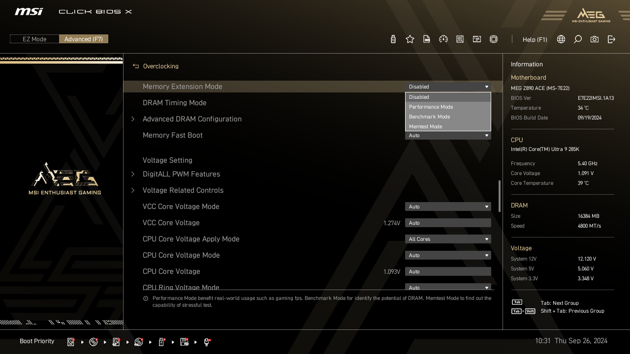 MSI Click BIOS X Advanced Mode, 'Memory Extension Mode' highlighted.