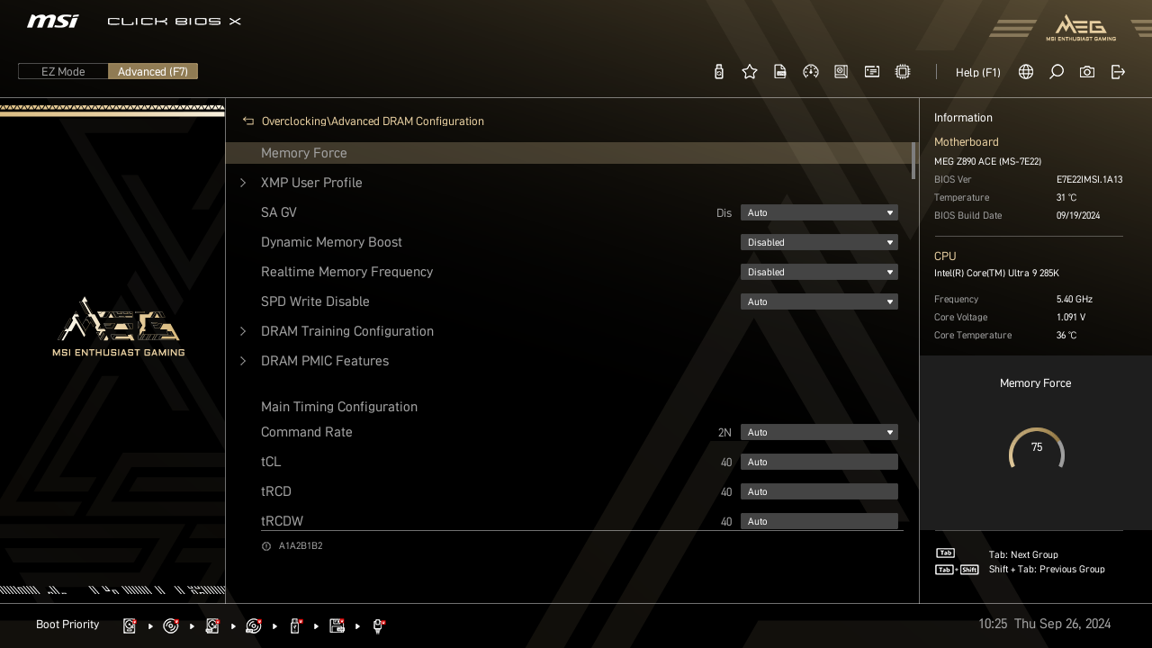 MSI Click BIOS X Advanced Mode' Memory Force highlighted.