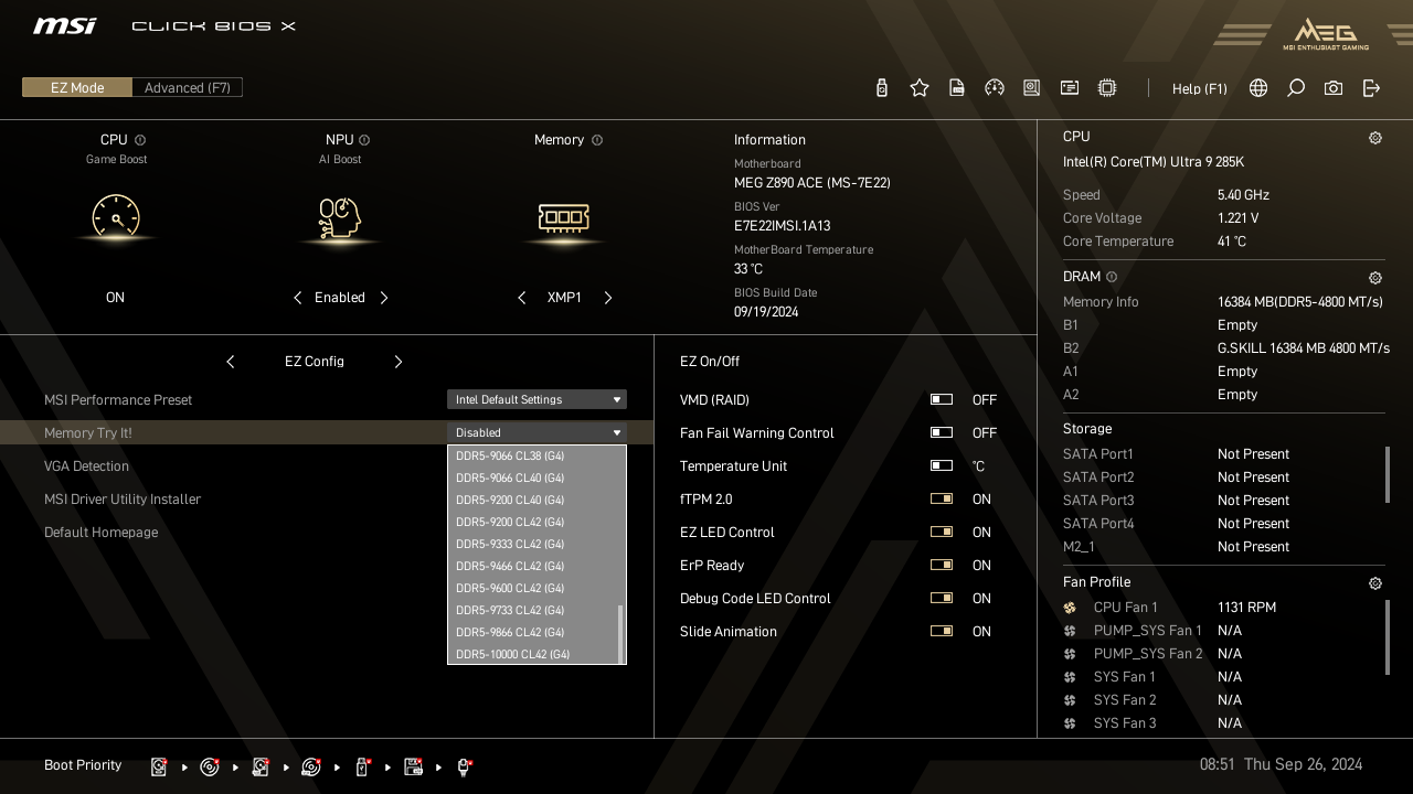 MSI Click BIOS X 'EZ Mode', with 'Memory Try It!' dropdown options populating.