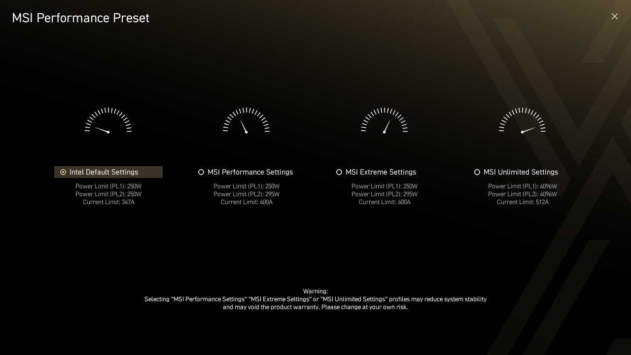 MSI Click BIOS X 'Performance Preset' menu with four options.