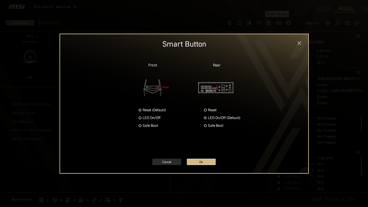 MSI Click Bios X 'Smart Button' submenu.