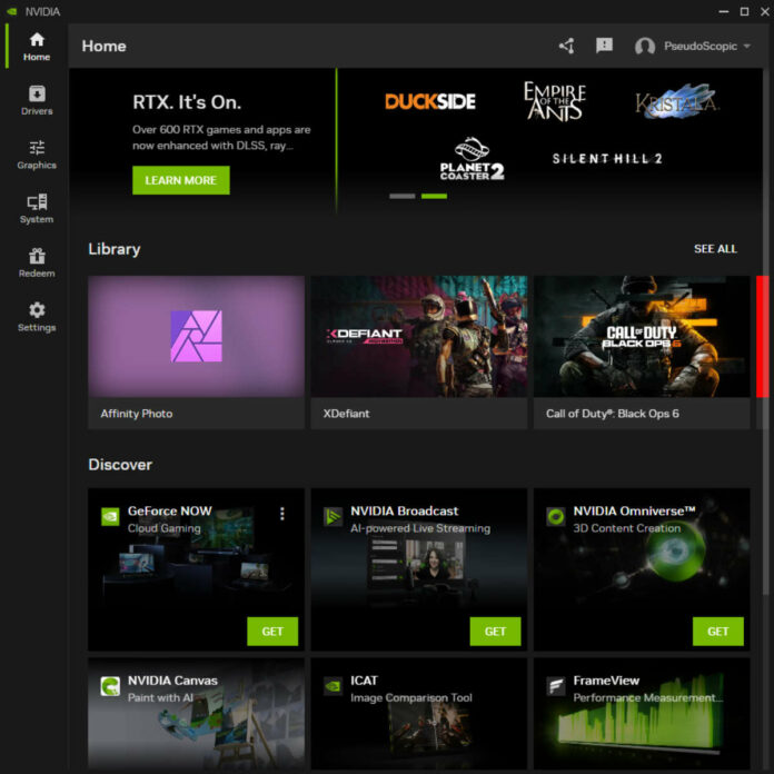 Nvidia App homepage, now in full release.