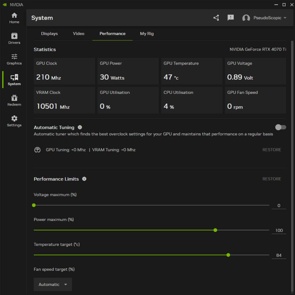 Nvidia App system performance tab.