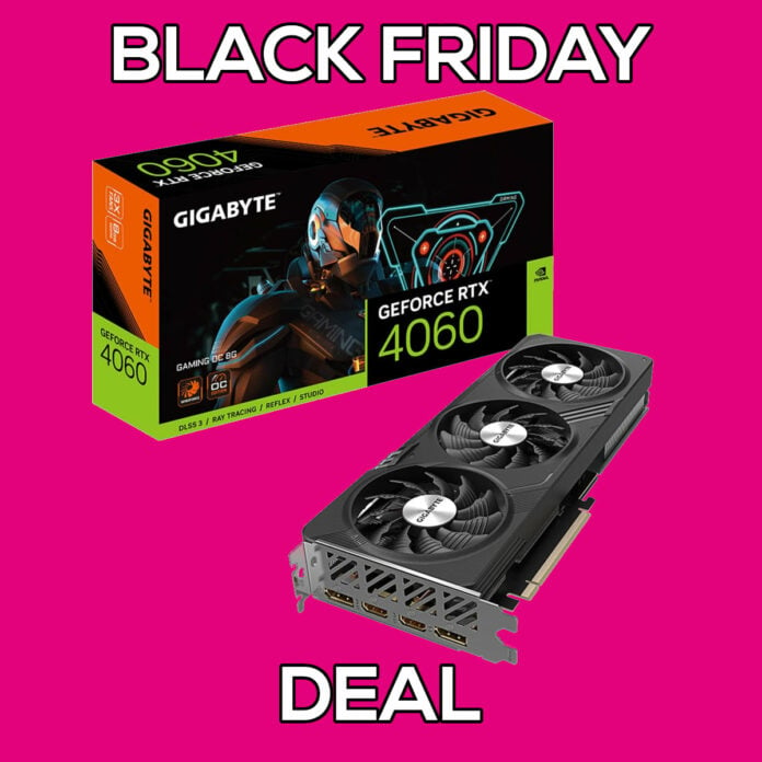 GeForce RTX 4060 packaging (top) and graphics card (bottom), surrounded by 'Black Friday Deal' text.