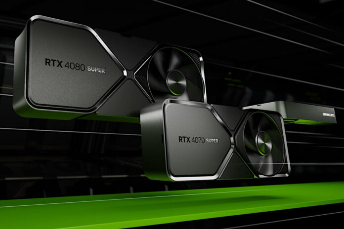 GeForce RTX 4080 Super Founders Edition (top left), GeForce RTX 4070 SUper (centre) and a generic GeForce RTX 40 series card (right) fly in the dark atop a green streak.