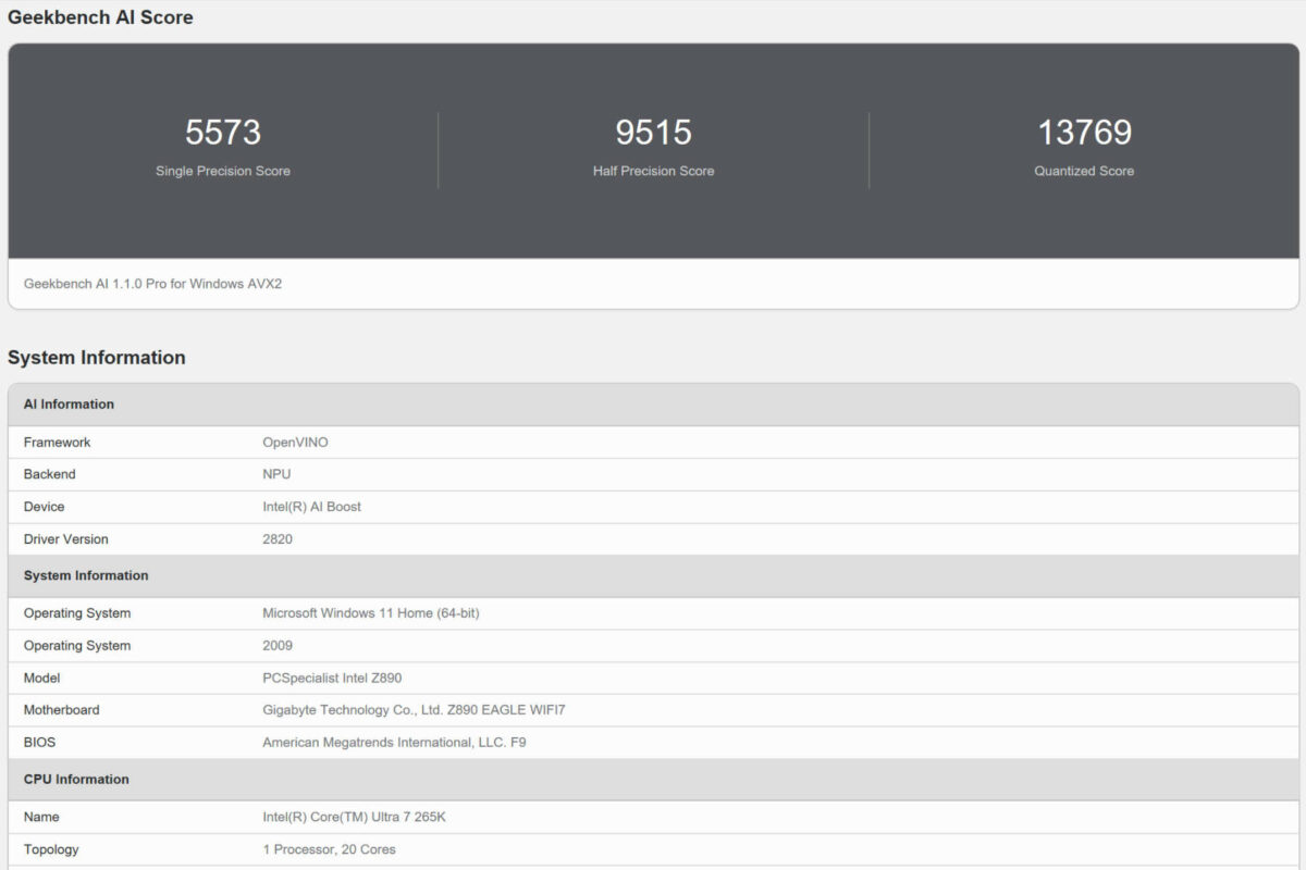 PCSpecialist Nebula Supreme R Geekbench AI NPU scores.