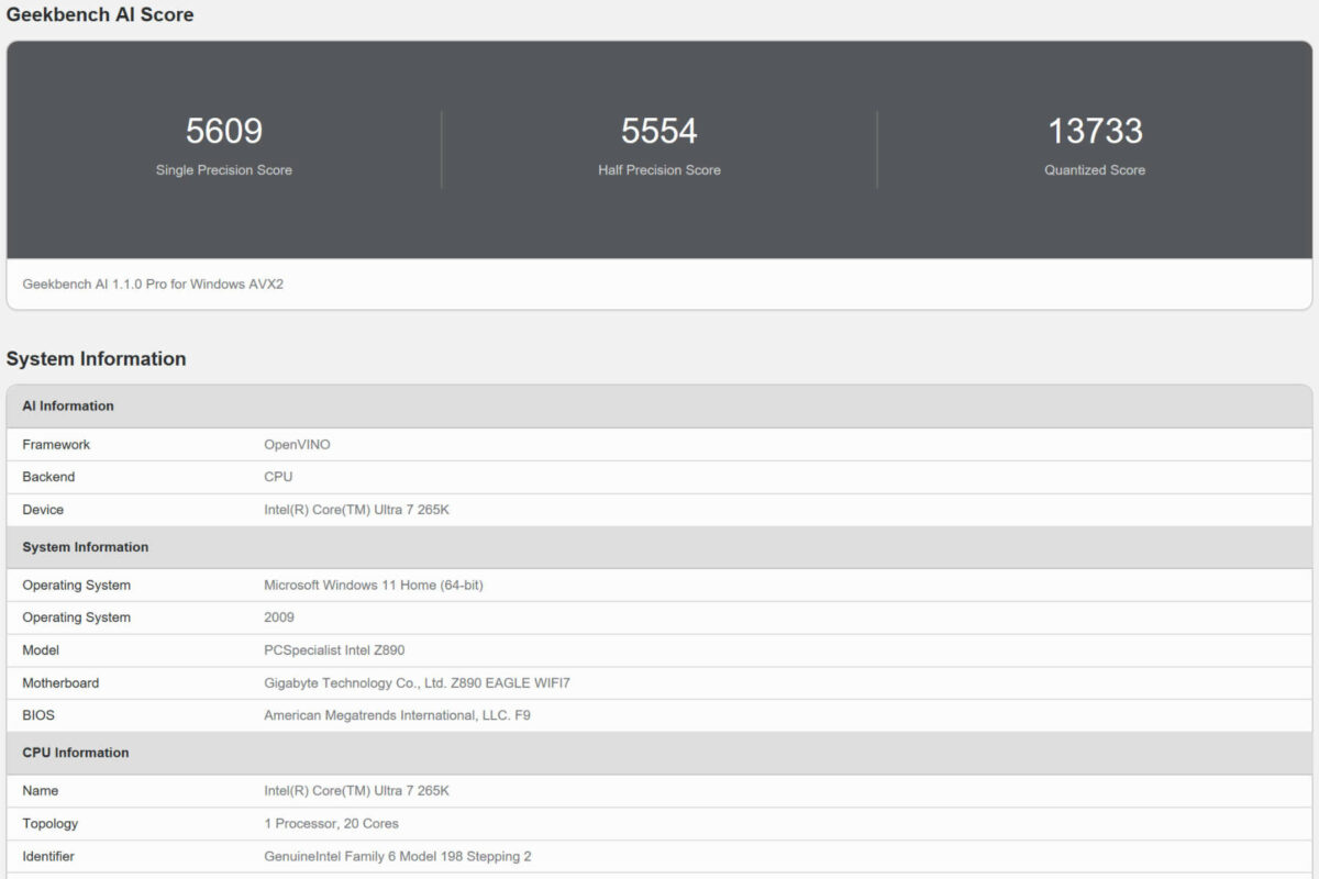 PCSpecialist Nebula Supreme R Geekbench AI scores.