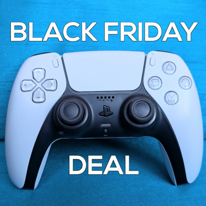 PlayStation DualSense controller, against a blue backdrop, surrounded by 'Black Friday Deal'.